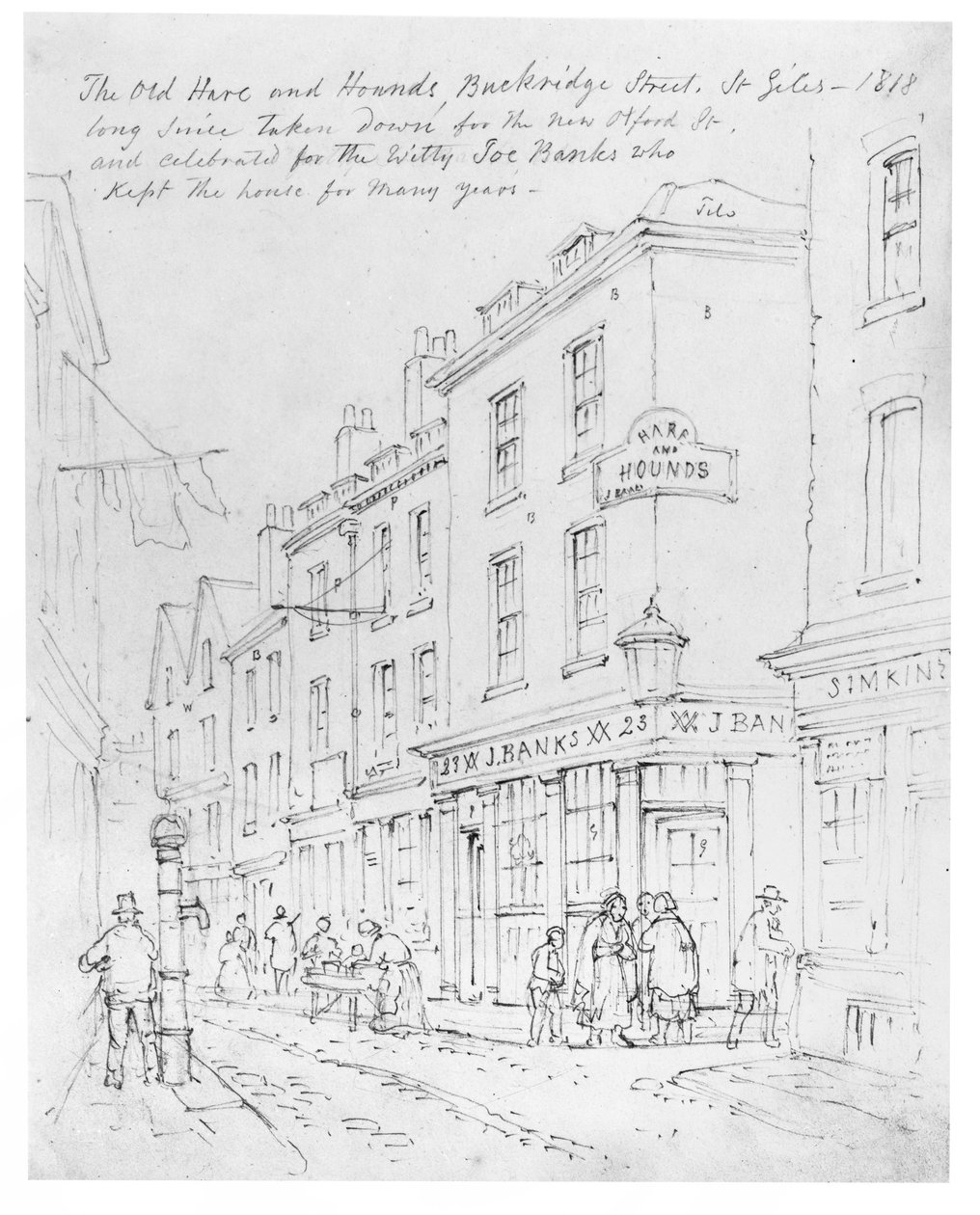 The Old Hare and Hounds, Buckridge Street, St Giles i 1818 (tegning) af English School