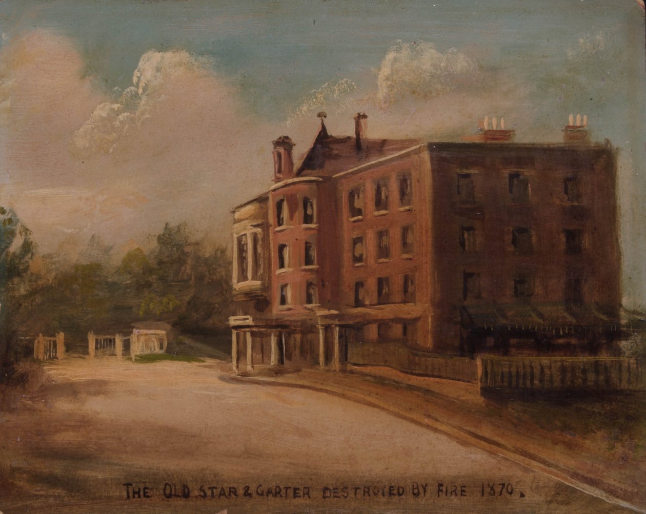 Den gamle "Stjerne og strømpebånd", ødelagt af brand, 1870 af English School