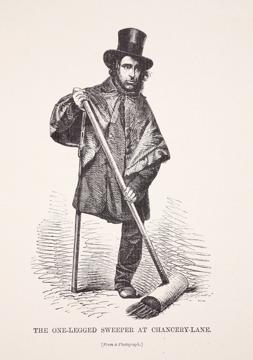 The One-Legged Sweeper at Chancery Lane, fra et fotografi, illustration fra London Labor og London Poor af Henry Mayhew, pub. 1862 af English School