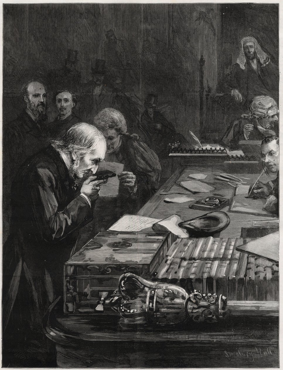 Parlamentets åbning den 31. januar 1893 aflagde hr. William Ewart Gladstone, støttet af hr. Marjoribanks og hr. H. Gladstone, ed. Illustration til The Graphic af English School