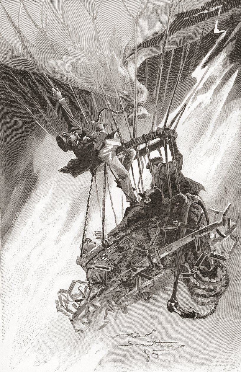 Farerne ved varmluftsballonflyvning. En ballon i vanskeligheder og ved at styrte ned. Fra The Strand Magazine, udgivet 1896 (litho) af English School