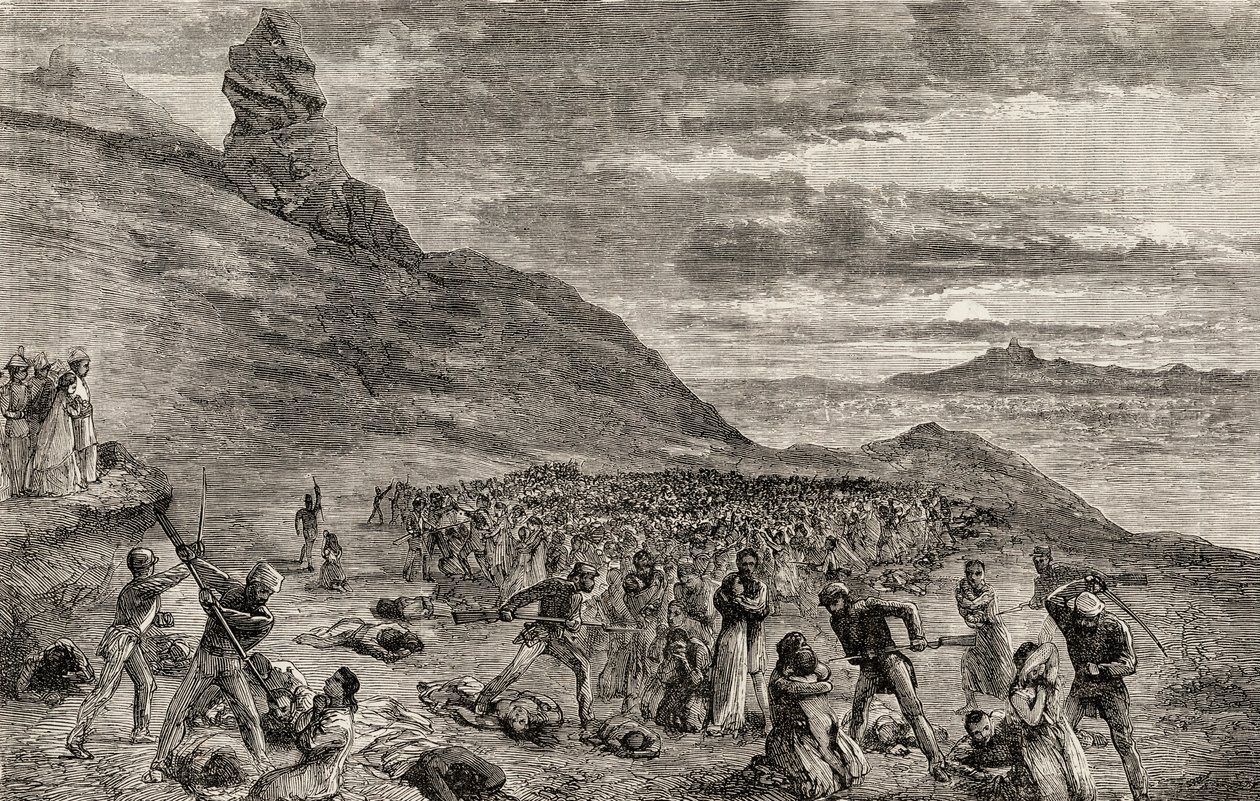 Forfølgelsen og massakren af de kristne på øen Madagaskar i 1849, ca. 1865 (træstik) af English School