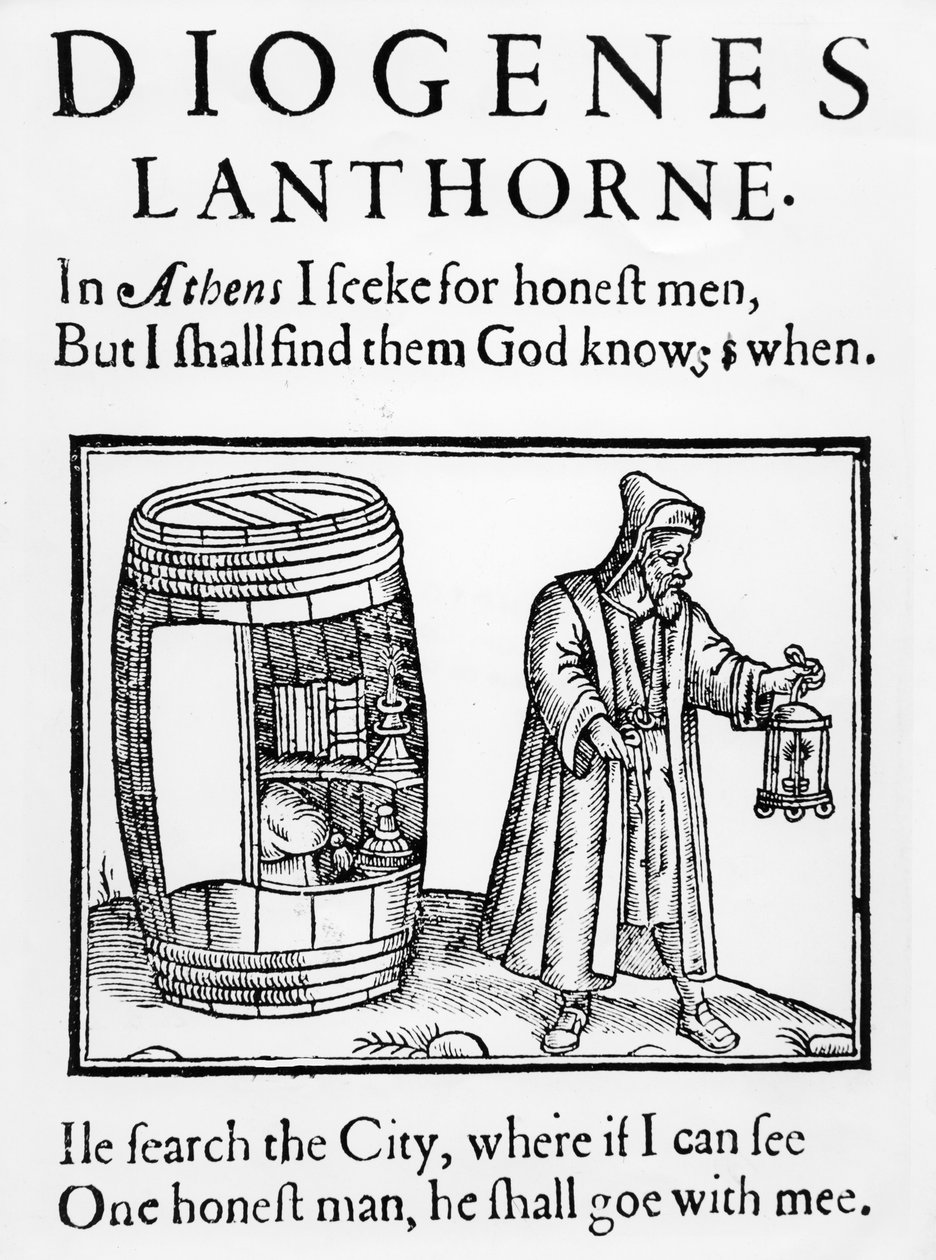 Filosoffen Diogenes leder efter en ærlig mand i City of London med sin lanterne, 1607 (se også 485239) af English School