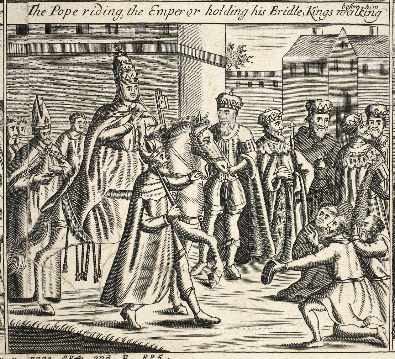 Paven rider, kejseren holder sit tøjle, konger går foran ham, illustration fra Acts and Monuments af John Foxe, niende udgave, pub. 1684 af English School