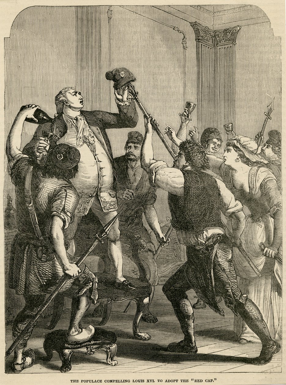 Befolkningen tvinger Louis XVI til at adoptere den røde kasket, 1792 af English School