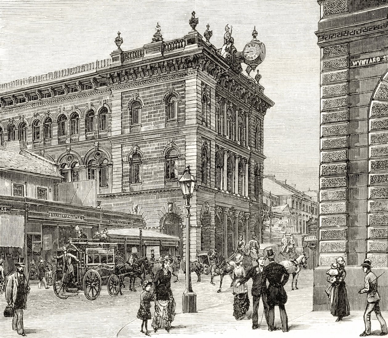 Postkontoret, George Street, Sydney, ca. 1880, fra "Australian Pictures" af Howard Willoughby, udgivet af Religious Tract Society, London, 1886 af English School