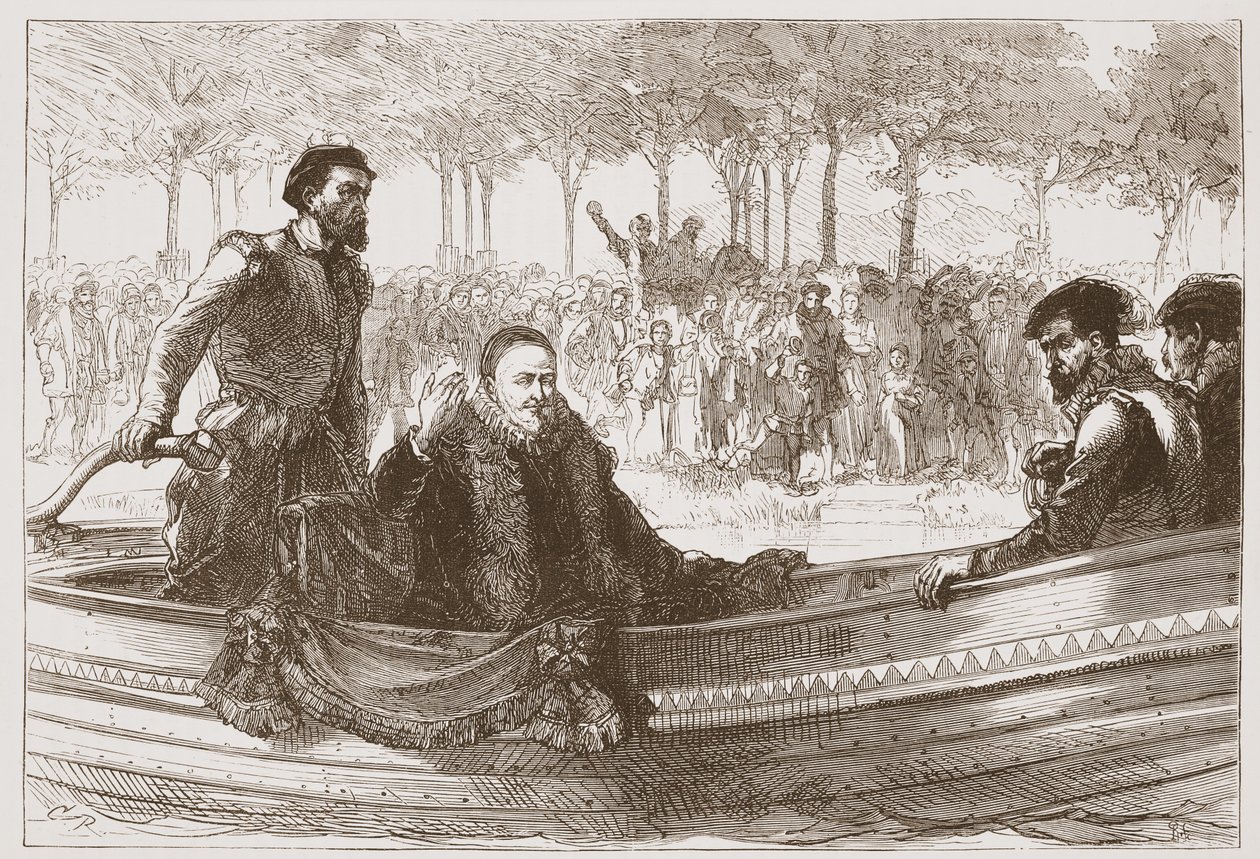 Prinsen af Orange i sin pram på vej til Bruxelles, illustration fra The History of Protestantism af James Aitken Wylie (1808-1890), pub. 1878 af English School