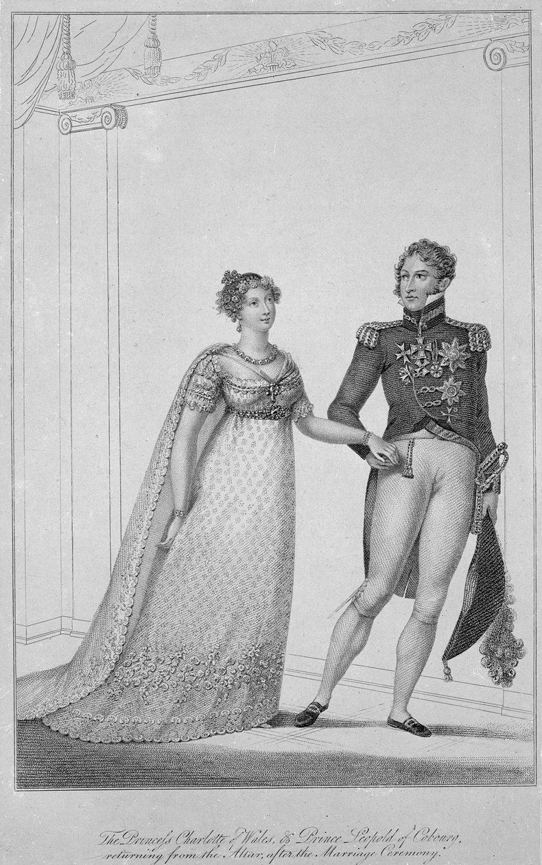 Prinsesse Charlotte af Wales og prins Leopold af Cobourg vender tilbage fra alteret efter bryllupsceremonien, 1816 af English School