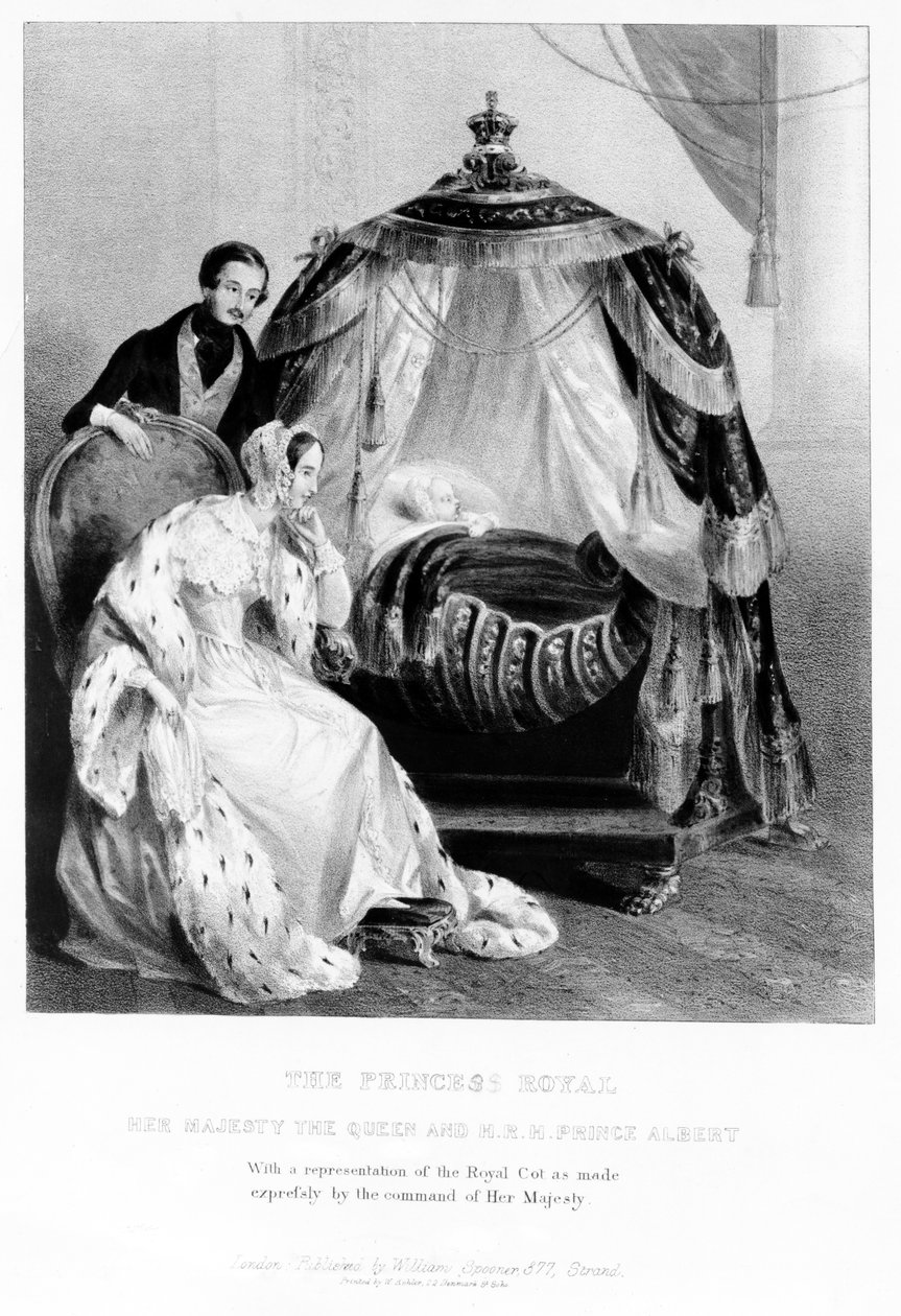Det Kongelige Prinsesse, Hendes Majestæt Dronningen og HKH Prins Albert, med den kongelige tremmeseng, ca. 1840 af English School