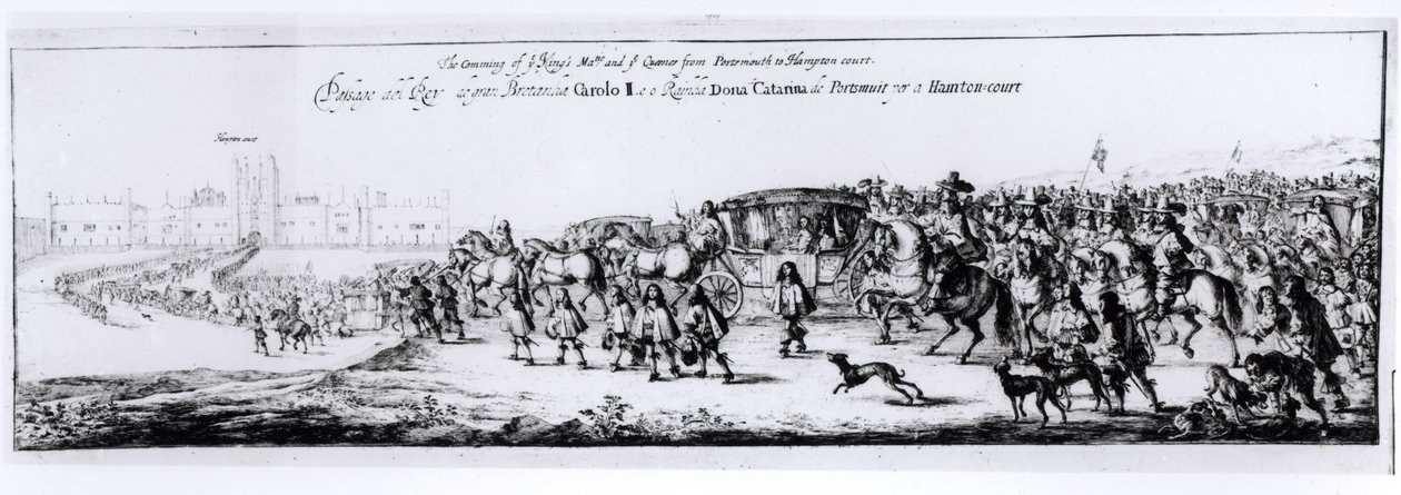 Processionen af Charles II (1630-85) og hans nye dronning, Catherine af Braganza (1638-1705) fra Portsmouth til Hampton Court, 1662 af English School