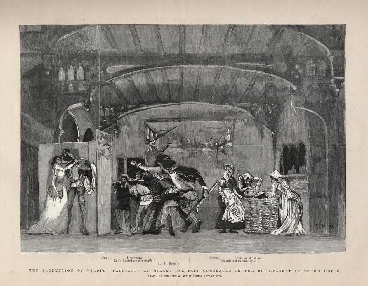 Produktionen af Giuseppe Verdis "" Falstaff"" i Milano, Falstaff skjult i Buck-Basket i Ford