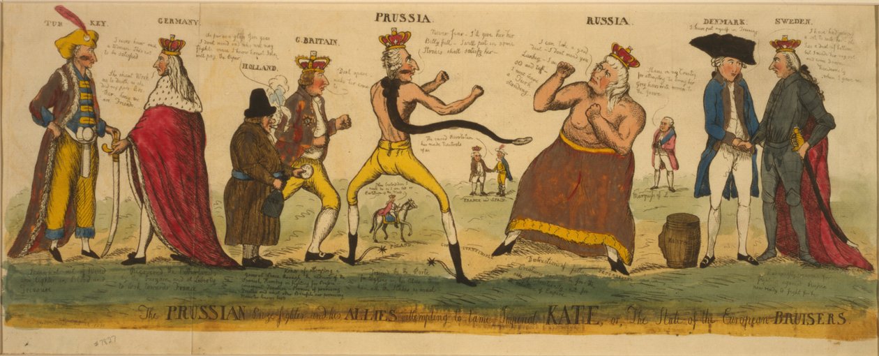 Den preussiske priskæmper og hans allierede forsøger at tæmme kejserlige Kate, eller de europæiske bursiers stat, 1791 (håndfarvet radering) af English School