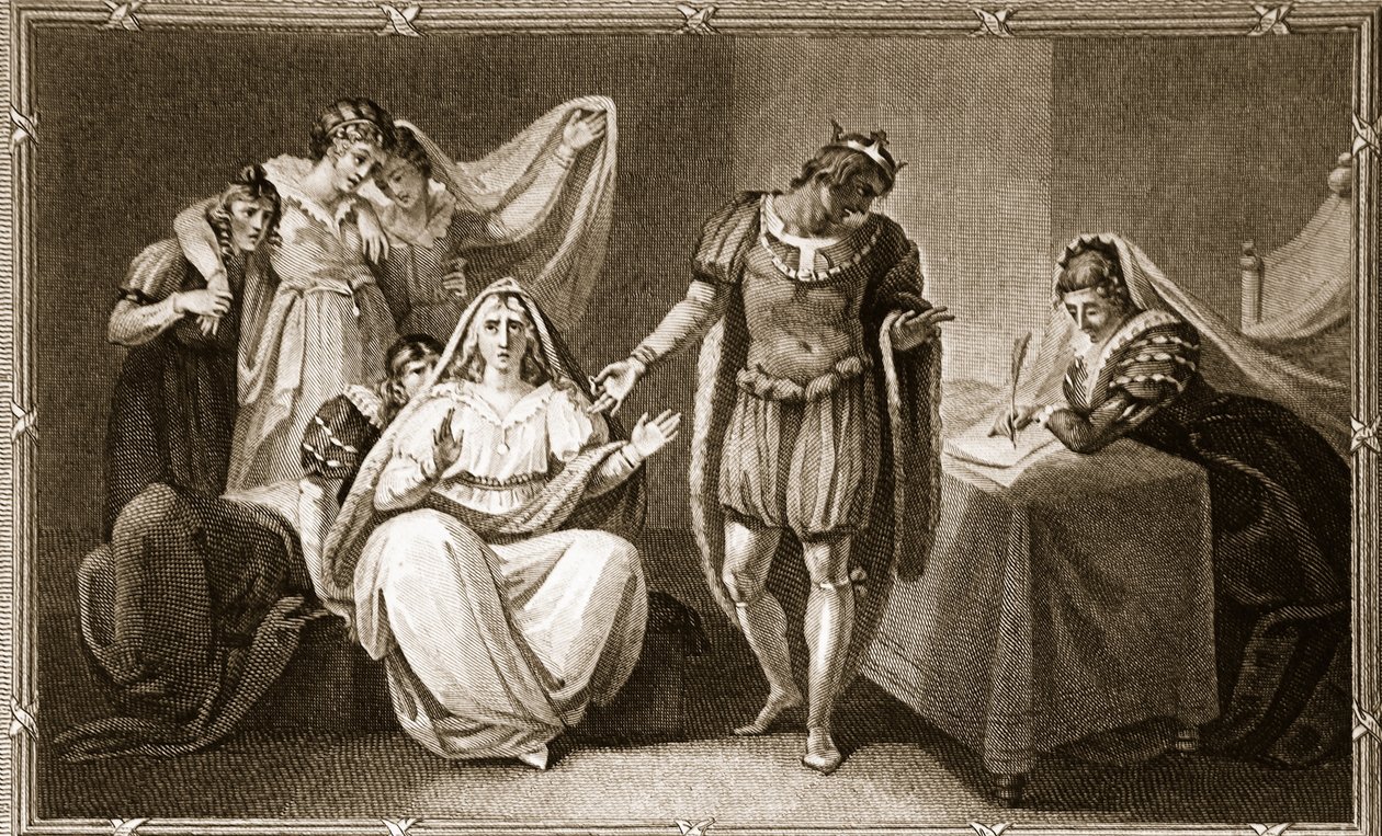 Enkedronningen sætter sig selv og sine døtre under beskyttelse af Richard III, illustration fra David Humes The History of England, pub. af R. Bowyer, London, 1812 af English School