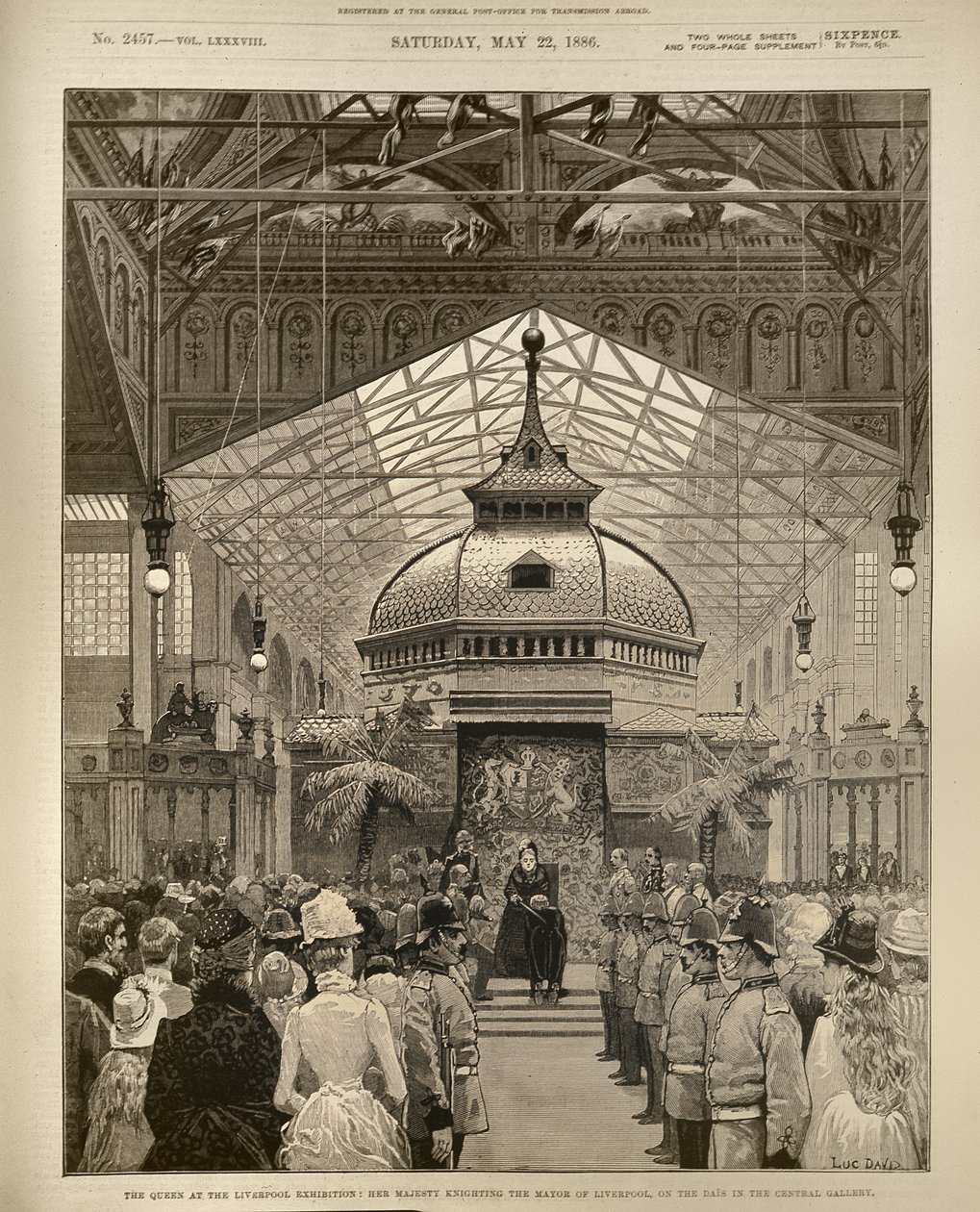 The Queen at the Liverpool Exhibition: Her Majesty Knighting the Mayor of Liverpool on the Dais in the Central Gallery, fra The Illustrated London News, 22. maj 1886 af English School