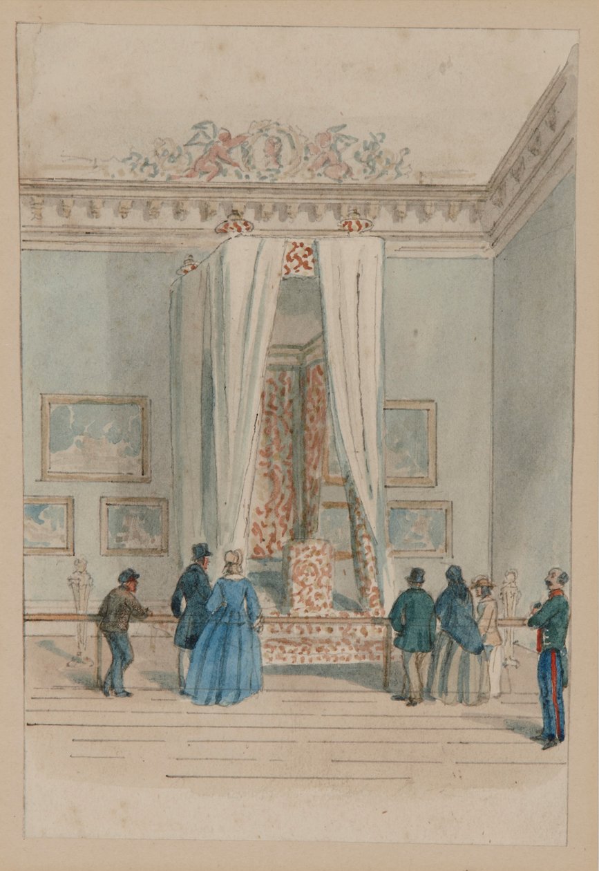 Dronningens sengekammer med dronning Annes statsseng, ca. 1860-70 (akvarel på papir) af English School