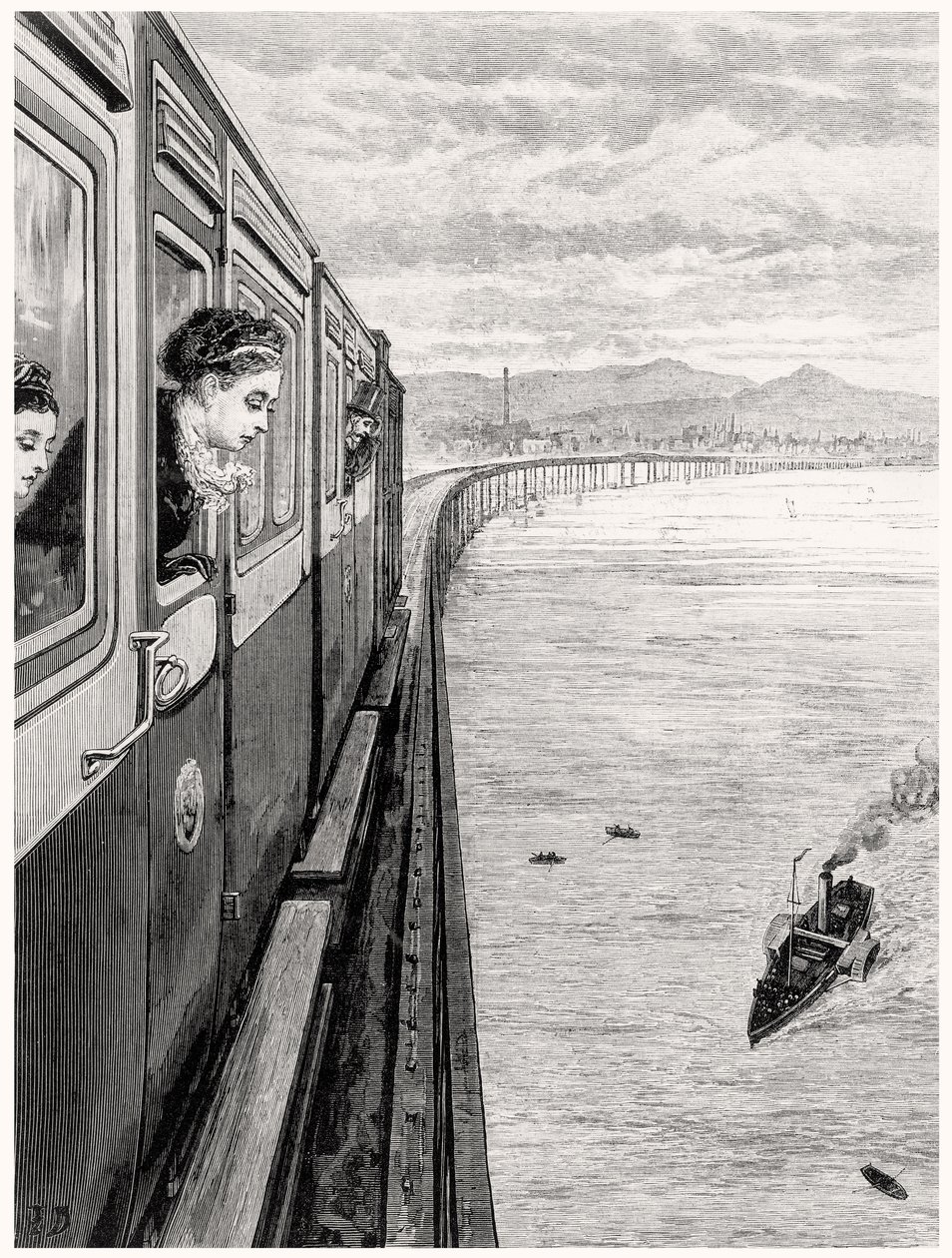 Dronningens tilbagevenden fra højlandet; Hendes Majestæt krydser Tay Bridge, Dundee af English School