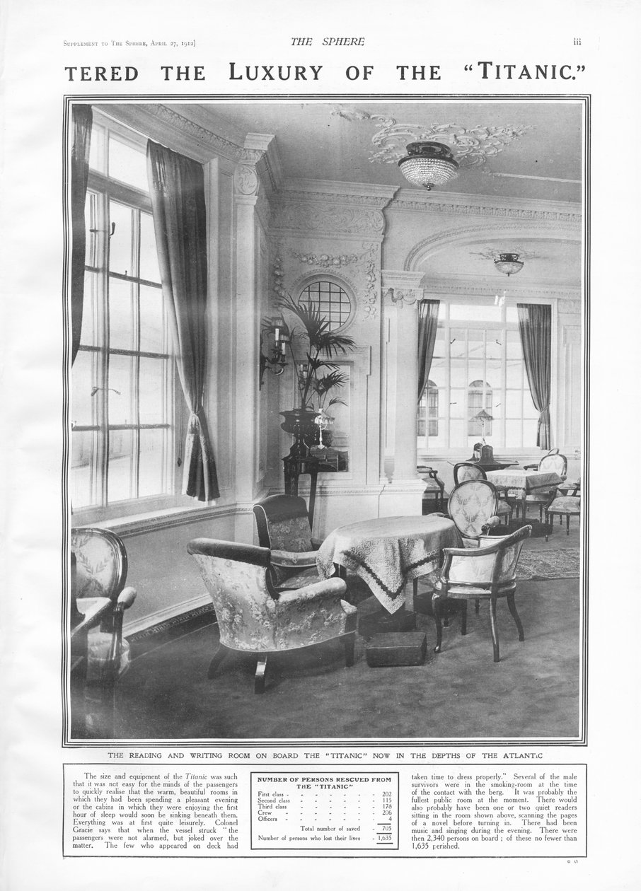 Læse- og skriverummet om bord på Titanic, fra The Sphere, 27. april 1912 af English School
