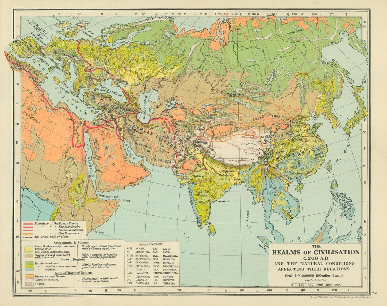 Civilisationens riger ca. 200 e.Kr. og de naturlige forhold, der påvirker deres forhold (farvelitografi) af English School
