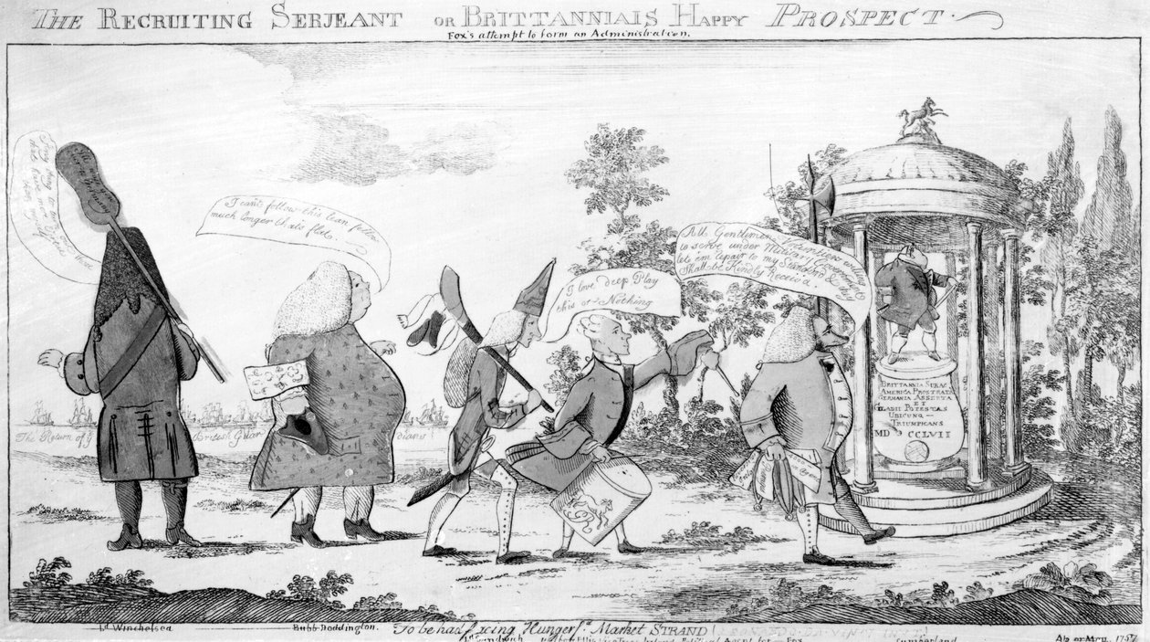 The Recruiting Sergeant eller Britannia Happy Prospect, tryk lavet af George Townshend, 1757 af English School