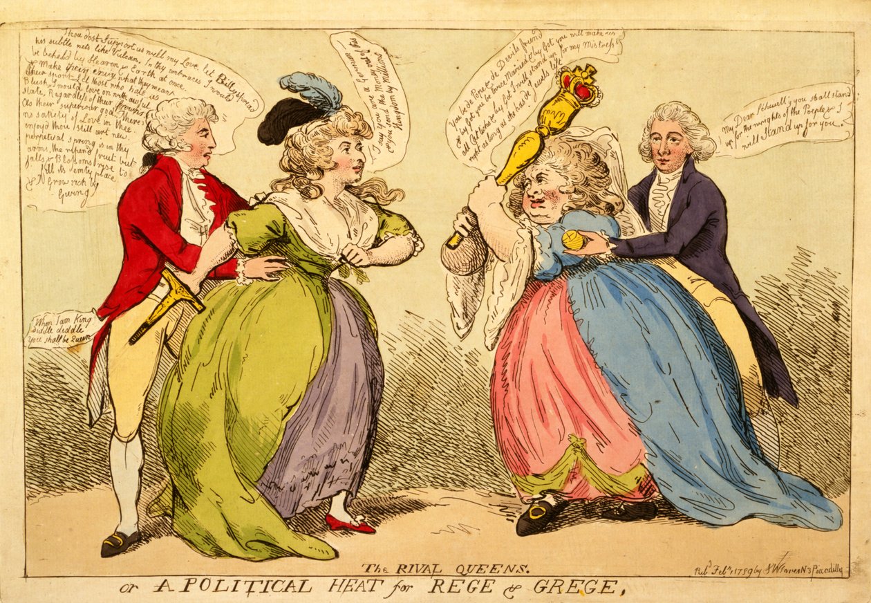 The Rival Queens or a Political Heat for Rege and Grege, 1789 (håndfarvet gravering) af English School