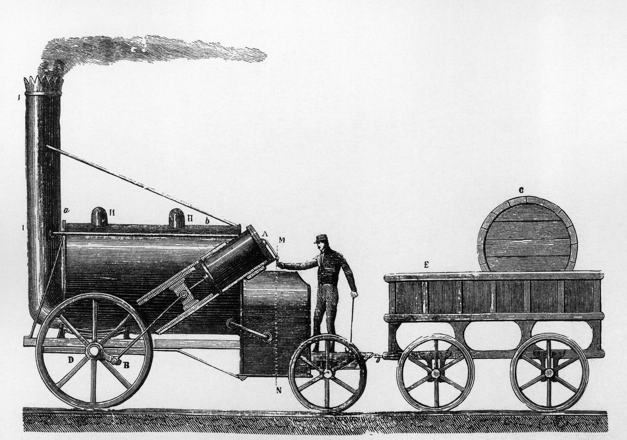 The Rocket, damplokomotiv designet og bygget af George og Robert Stephenson i 1829 til Liverpool-Manchester jernbanen (gravering) af English School