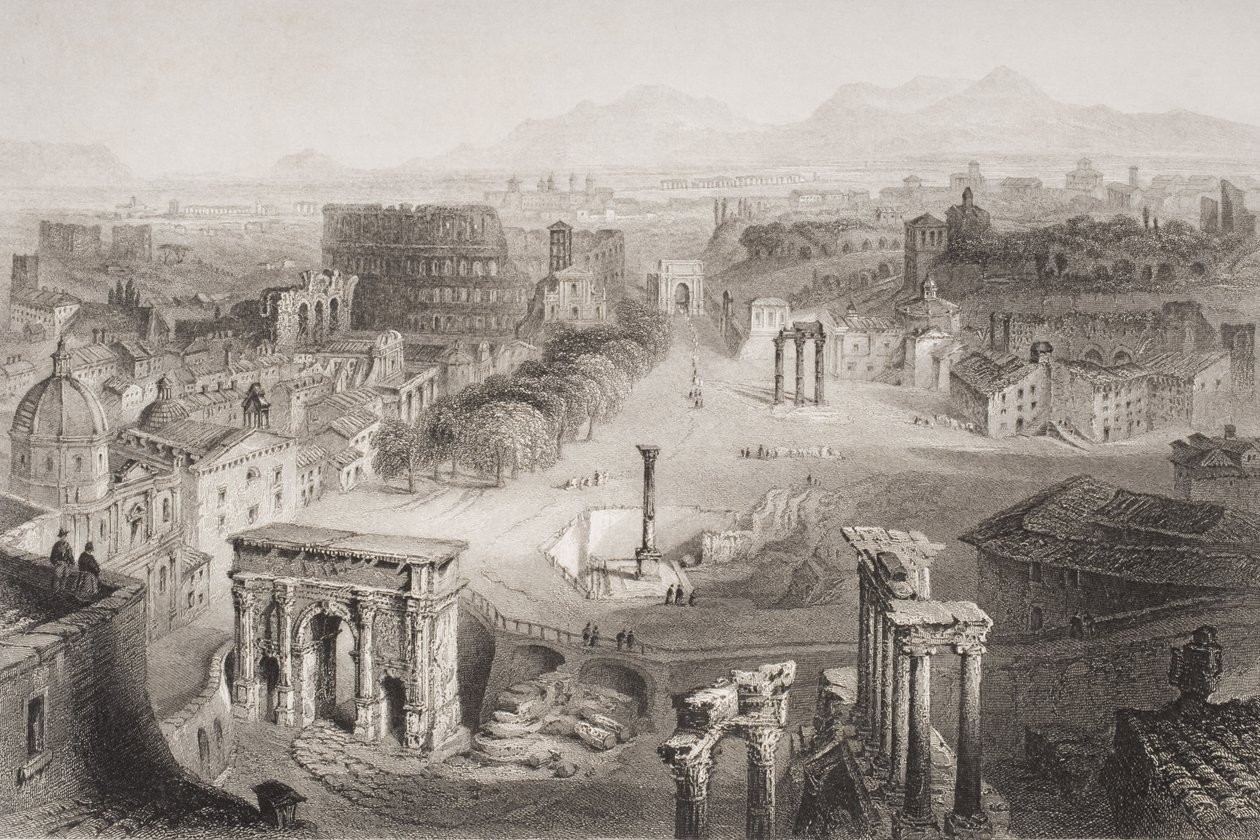 Forum Romanum fra Capitoline Hill, Rom, indgraveret af A. Willmore af English School