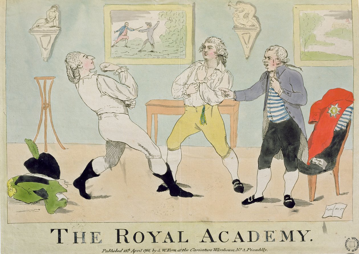 Det Kongelige Akademi, pub. af S.W. Fores, 1786 (farvet radering) af English School