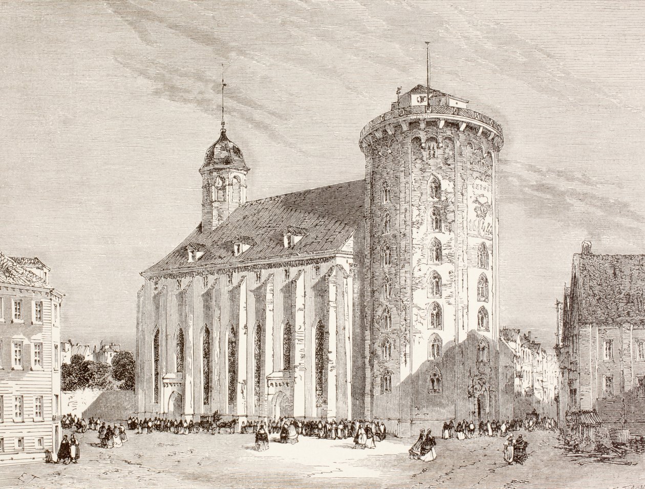 Rundetårnet eller Rundetårn i København, Danmark i det nittende århundrede (litho) af English School