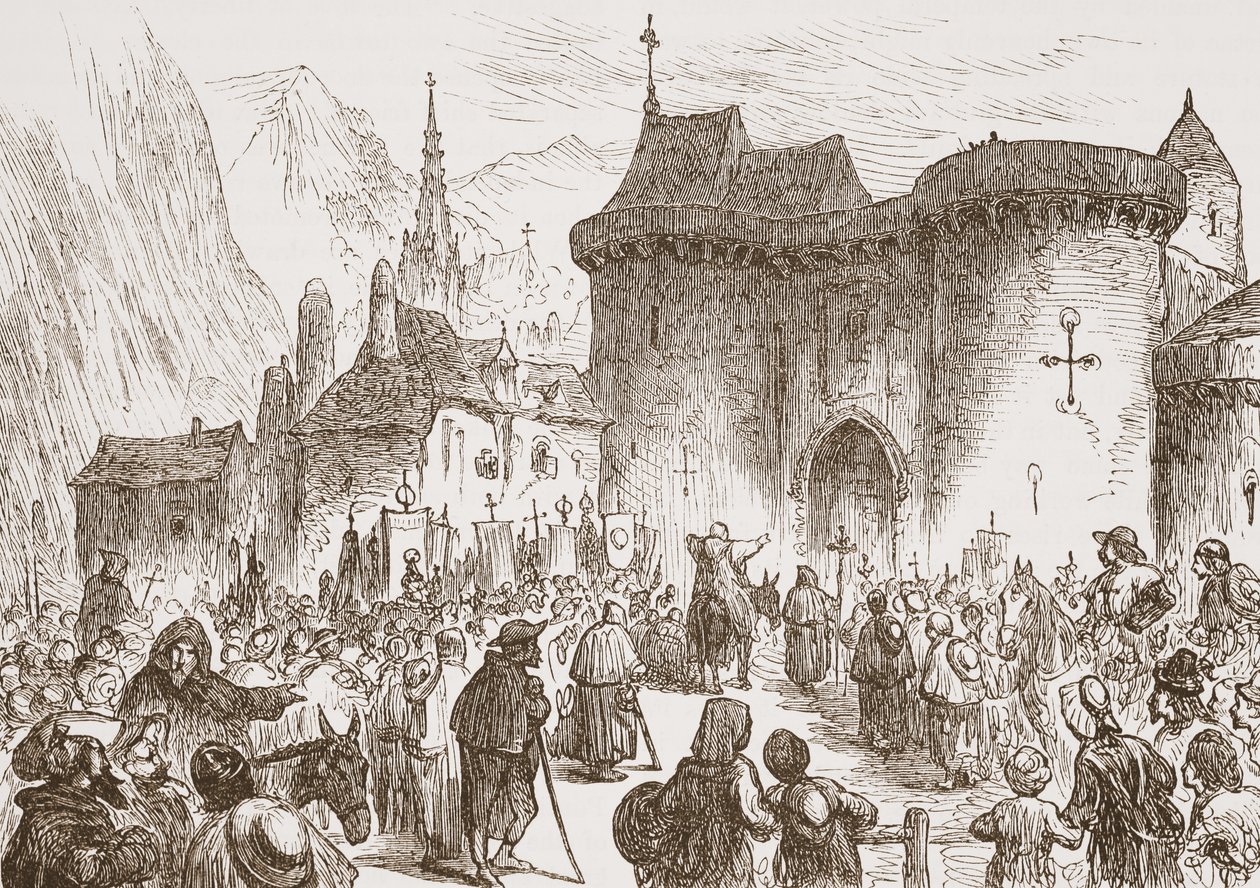 The Sham Pilgrims at the Gate of Geneva, illustration fra The History of Protestantism af James Aitken Wylie (1808-1890), pub. 1878 af English School