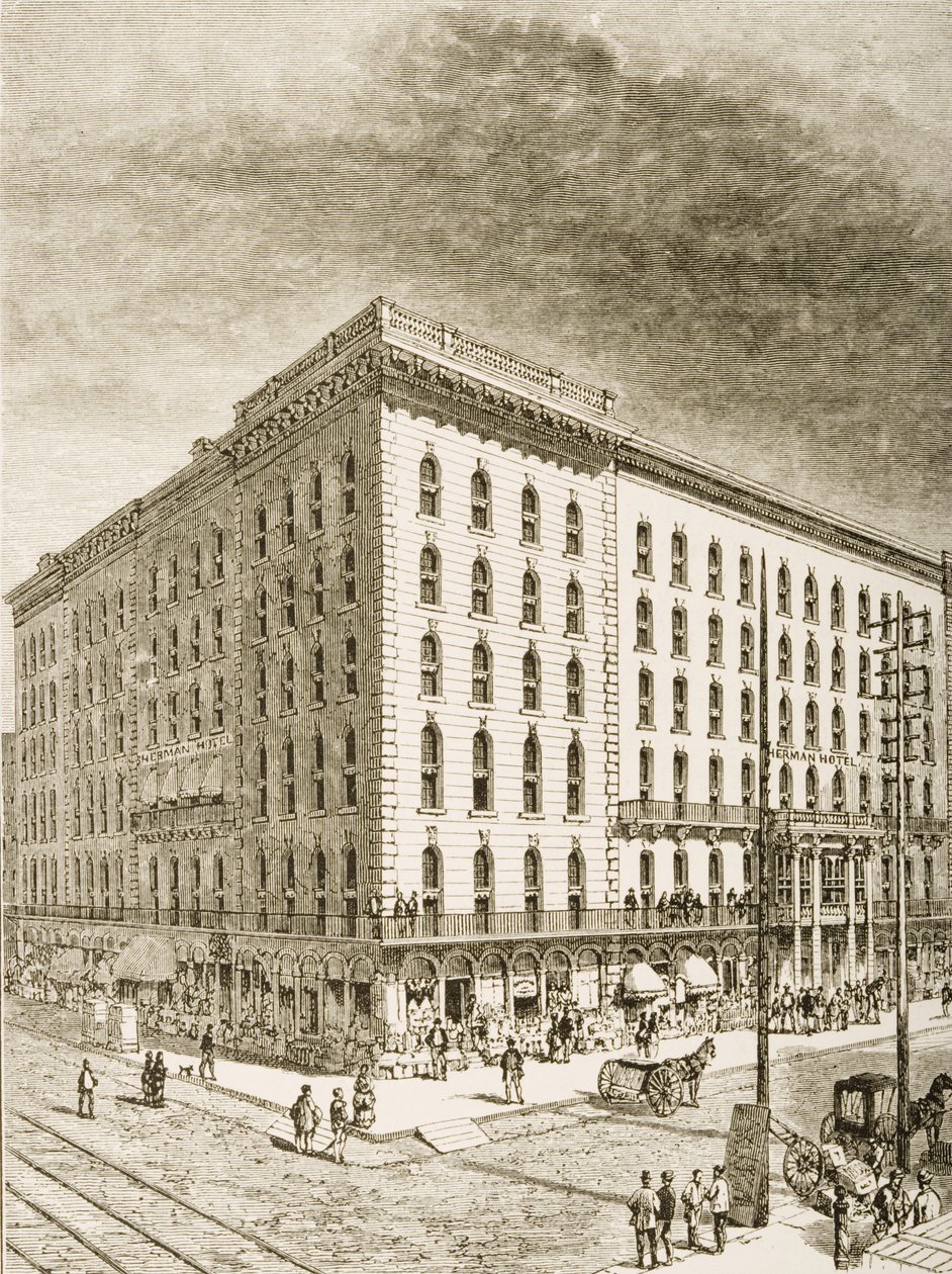 Sherman Hotel, Chicago, omkring 1870, fra "American Pictures" udgivet af Religious Tract Society, 1876 af English School