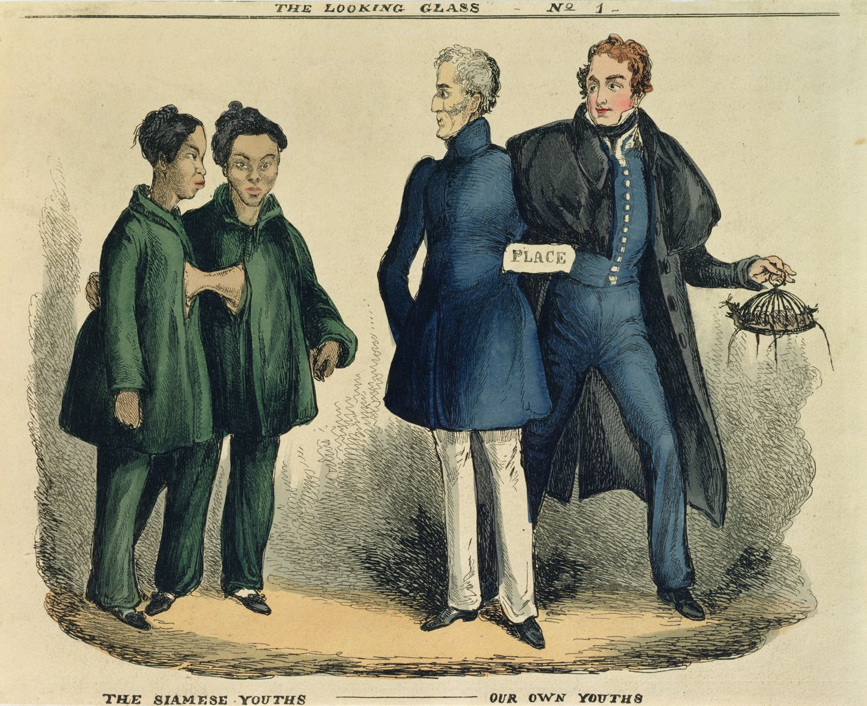 The Siamese Youths - Our Own Youths, satirisk tegnefilm fra The Looking Glass, ca. 1829 (farvet radering) af English School