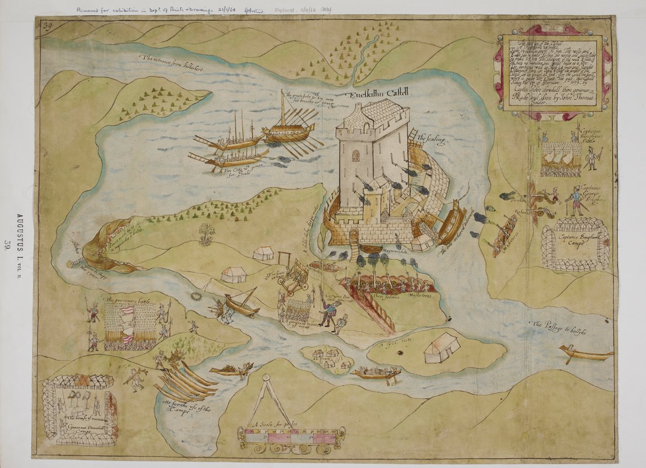 Belejringen af Eniskillen Castle (pen og blæk med vask på papir) af English School