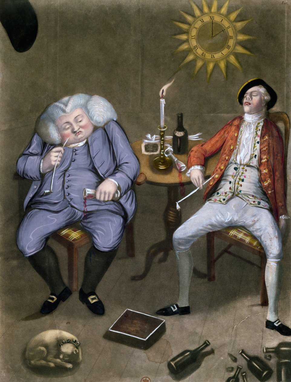 The Solid Enjoyment of Bottle and Friend, 1774 (farve litho forhøjet med gouache) af English School