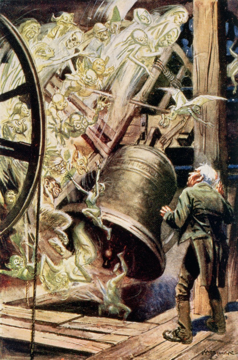 The Spirits of the Bells, illustration til The Chimes af Charles Dickens (1812-70) 1845 (farvegravering) af English School