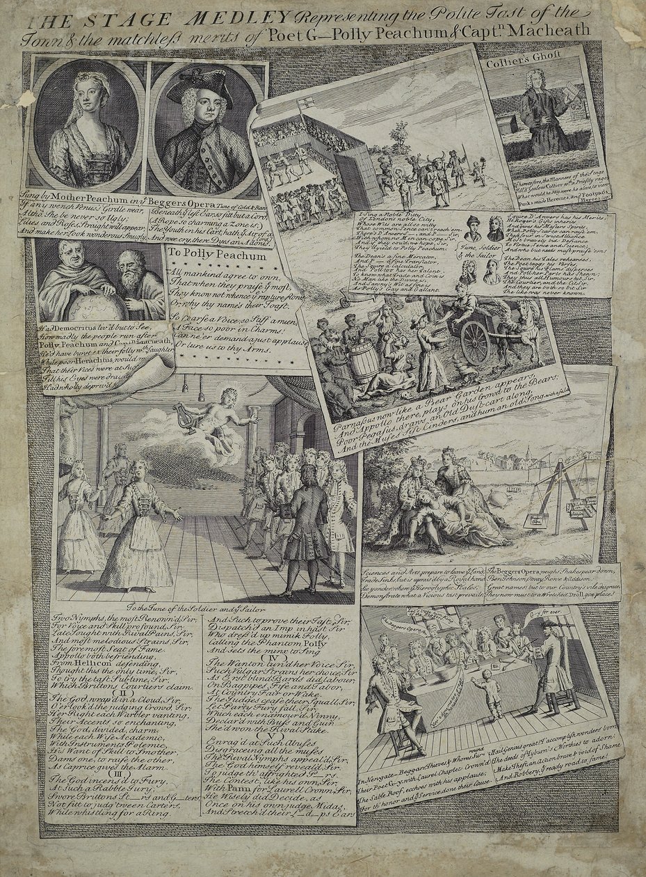 Scene-medleyen repræsenterer byens høflige smag og digteren G., Polly Peachums og kaptajn Macheaths mageløse fortjenester, ca. 1728 af English School