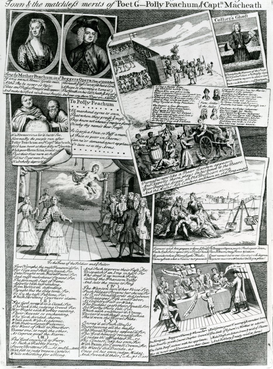Stage-medleyen repræsenterer byens høflige smag og digteren G., Polly Peachums og kaptajn Macheaths uforlignelige fortjenester, ca. 1728 af English School