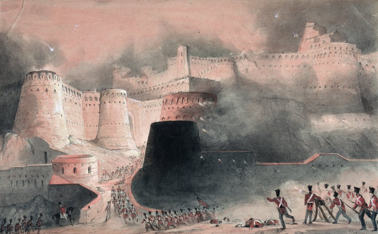 Stormen af Kabul-porten i 1839 (wc & blyant på papir) af English School