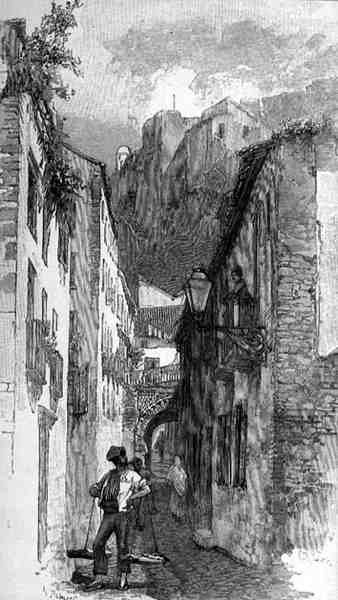 Gaden under Alcazar, Malaga, Spanien, fra "The Picturesque Mediterranean", bind 3, udgivet af Cassell and Co. Ltd. af English School