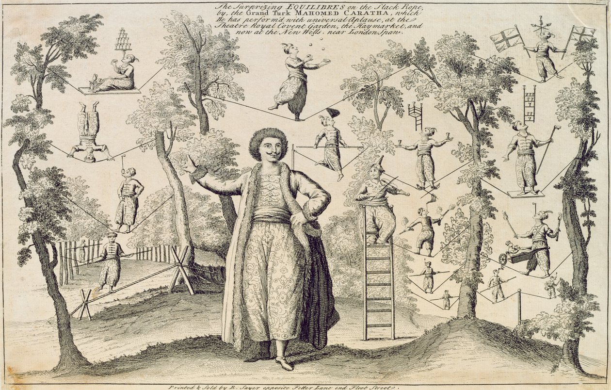 The Surprising Equilibres on the Slack Rope af Grand Turk, Mahomed Caratha, trykt af Robert Sayer (fl.1750-80) af English School