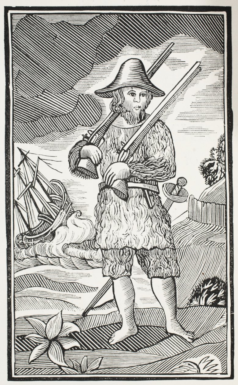 The Surprising Life and most Strange Adventures of Robinson Crusoe of the City of York, Mariner, illustration fra Chap-books of the Eighteenth Century af John Ashton, pub. 1882 af English School