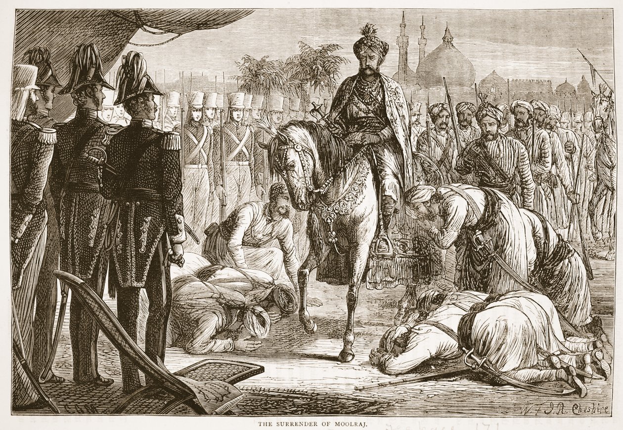 The Surrender of Moolraj, illustration fra Cassells Illustrated History of England af English School