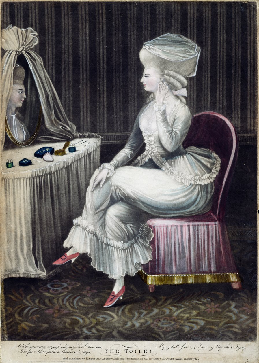 Toilettet, pub. af Robert Sayer og J. Bennett, 1780 (mezzotintgravering) af English School