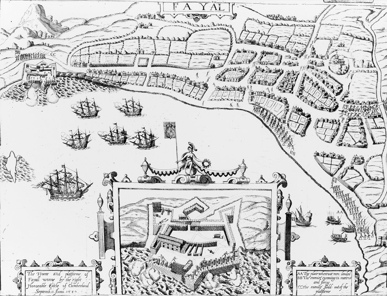 The Towne and Platforme of Fayall vundet af den højre ærede Earle of Cumberland, 2. september 1589 af English School