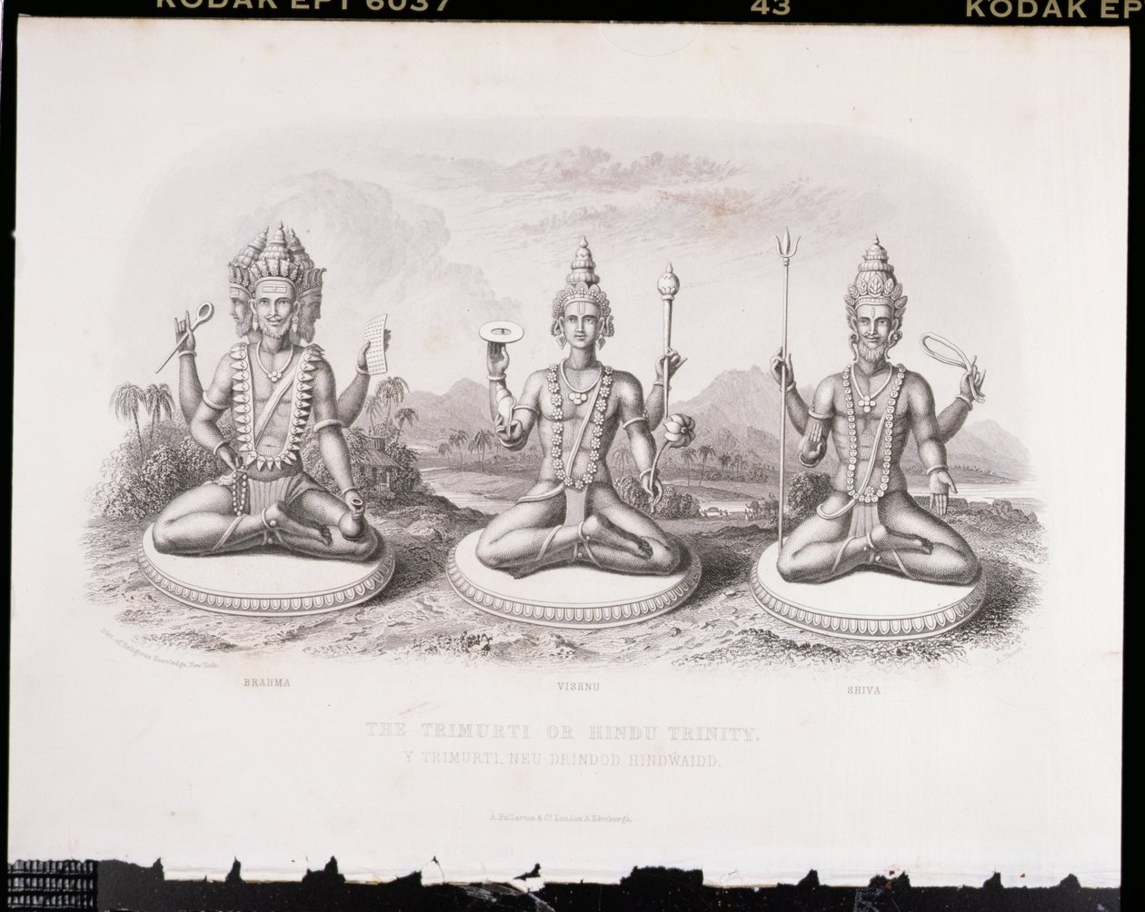 The Trimurti eller Hindu Trinity, graveret af A. Thorn, fra World Religion, udgivet af A. Fullarton & Co. af English School