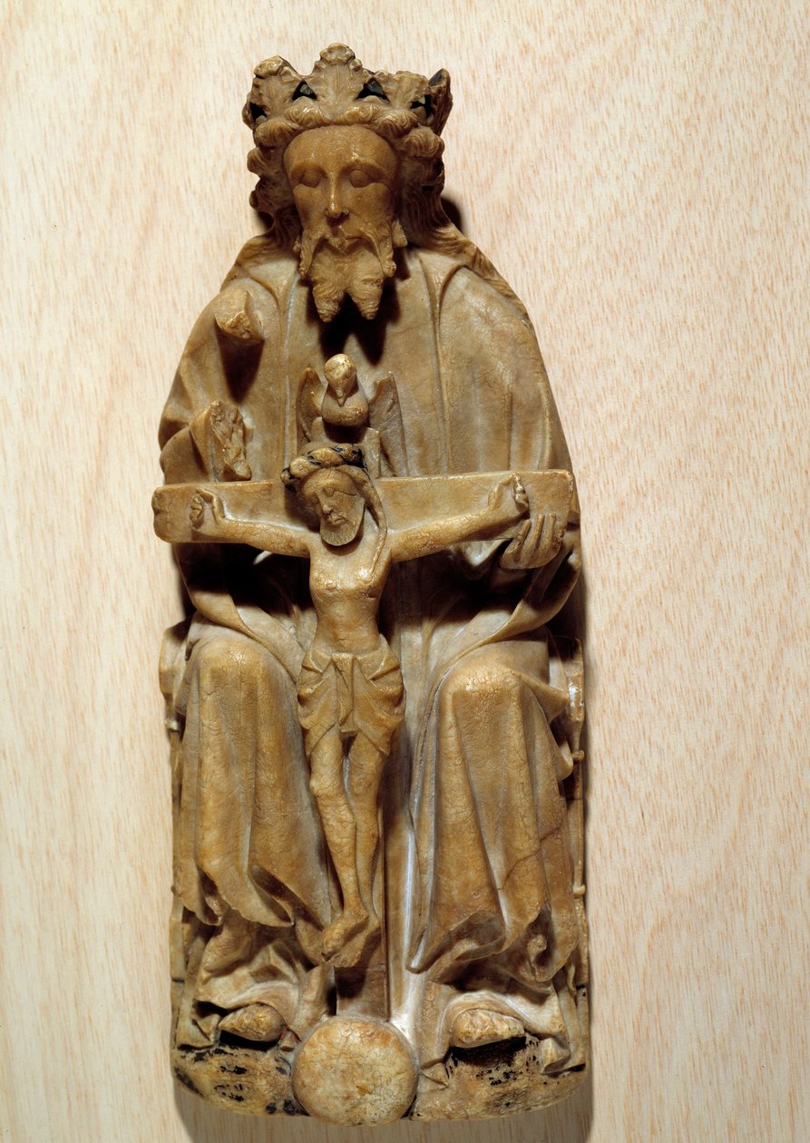 Treenighedsguden fristede sin søn Jesus på korset. Skulptur i albatre af den engelske skole. Paris fra det 15. århundrede, middelalderens nationalmuseum, Thermes de Cluny af English School