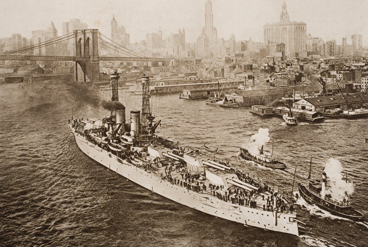 The United States Battleship, Texas, på vej ud fra New York Harbour, illustration fra 