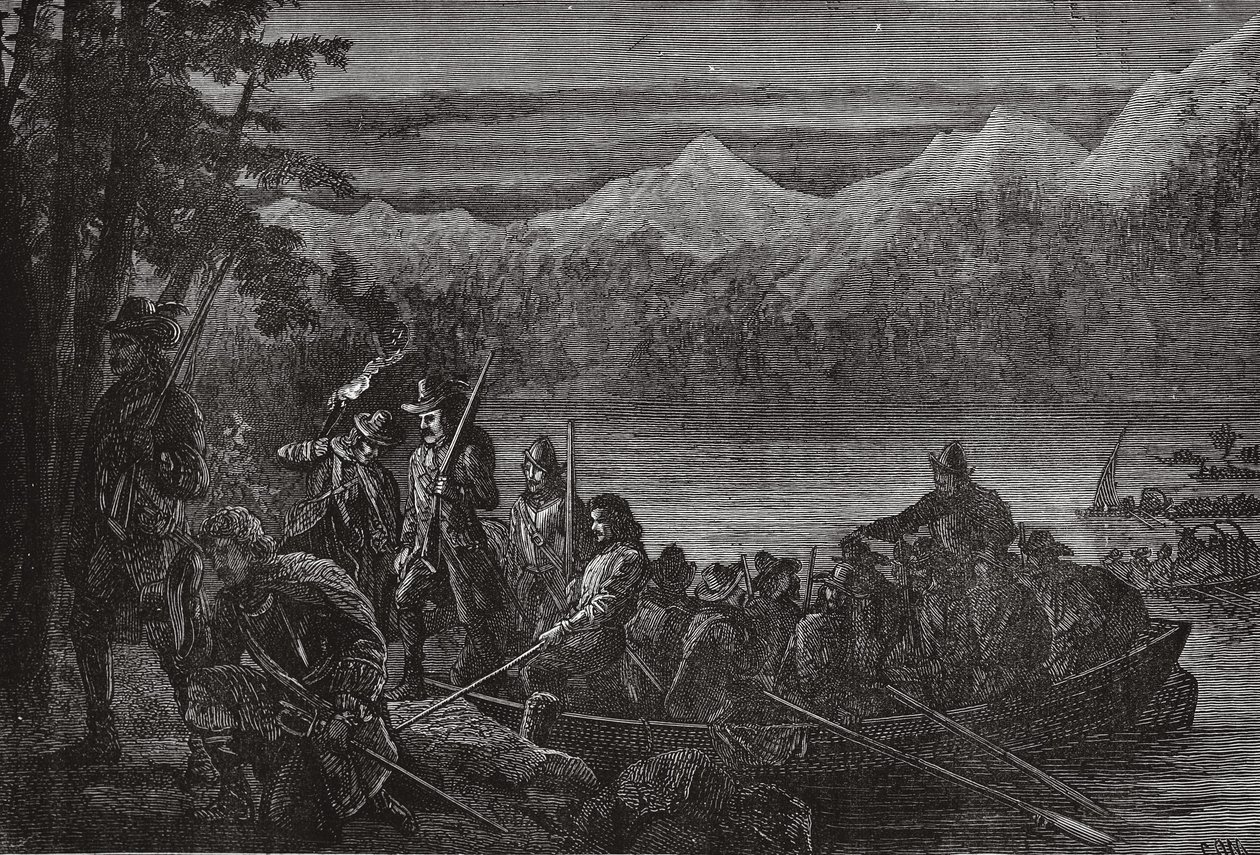 Vaudois krydser Lake Leman om natten, illustration fra The History of Protestantism af James Aitken Wylie (1808-1890), pub. 1878 af English School