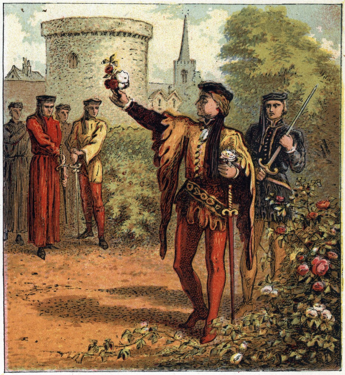 The War of the Two Roses (1455-1485): begyndelsen af konflikten. En Lord of the Royal House of York vælger en hvid rose, og en anden fra Royal House of Lancaster vælger en rød rose. Illustration af den engelske borgerkrig født af delingen af su af English School