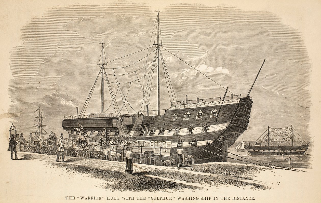 The Warrior-hulk med svovlvaskeskibet i det fjerne, illustration fra The Criminal Prisons of London og Scenes from Prison Life af Henry Mayhew og John Binny, pub. 1862 af English School