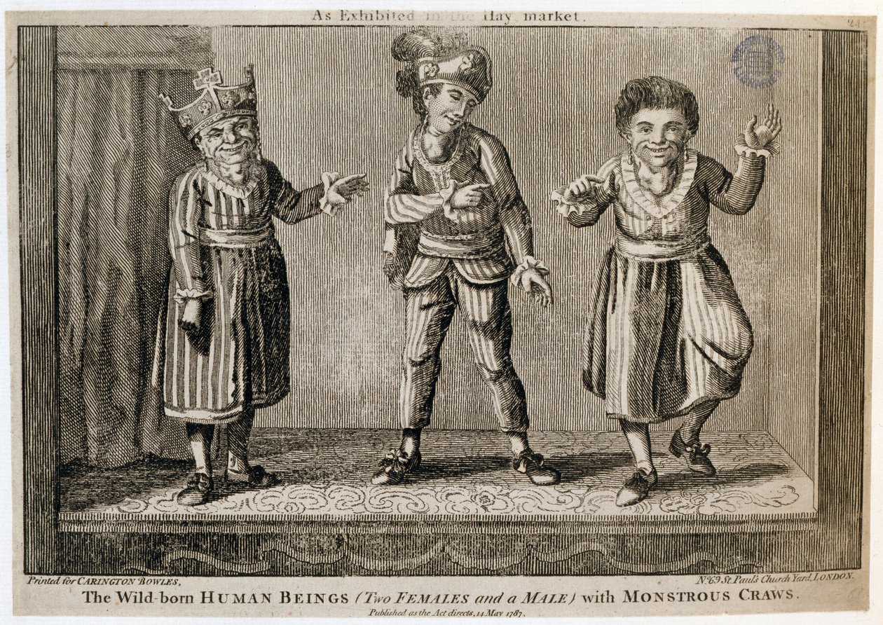 De vildfødte mennesker (to hunner og en han) med monstrøse krabber, som udstillet på Haymarket, trykt for Carington Bowles, 1787 af English School